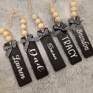 Personalized Black Wooden Holiday Ornaments Gift Tag Stocking Tag  with Bows